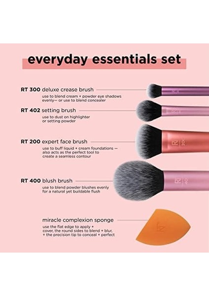 Real Technıques Everyday Essentials Makyaj Fırçası, Yüz Için Komple Set (Yüz Süngeri, Yüz, Ruj, Ayarlama ve Delüks Göz Farı Fırçası)