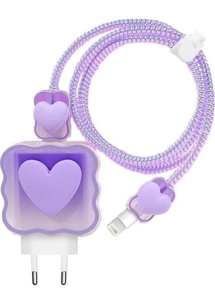 Psr Aksesuar (5964) Lila Kalp Şarj Aleti Kılıfı, Şarj Kablosu Örme Aparatı, Toparlayıcı, Kablo Koruyucu 18W/20W ile Uyumlu