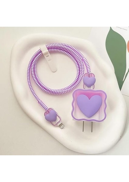 Psr Aksesuar (5964) Lila Kalp Şarj Aleti Kılıfı, Şarj Kablosu Örme Aparatı, Toparlayıcı, Kablo Koruyucu 18W/20W ile Uyumlu modelleri