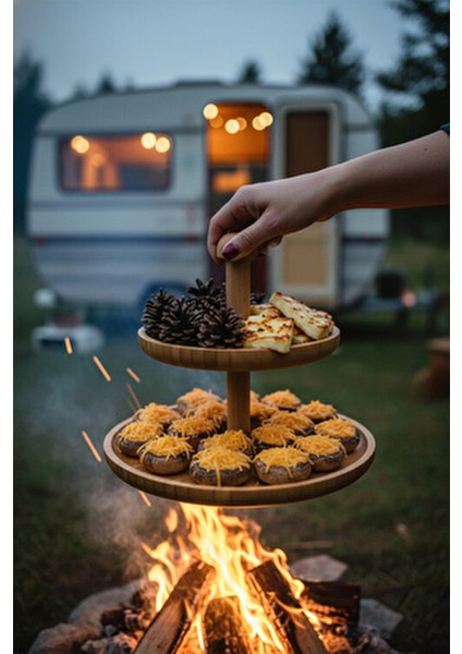 Zeyn 2 Katlı Sunum Tabakları Doğal Ahşap 20 x 25 cm Zarif Tasarım