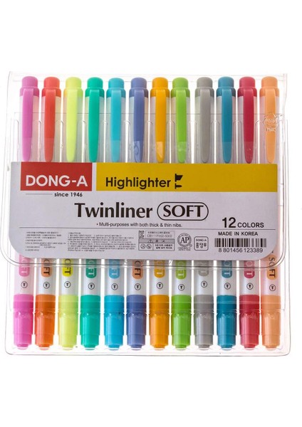 Çift Taraflı Fosforlu, Ince ve Geniş Uçlar, 12 Renk Seti