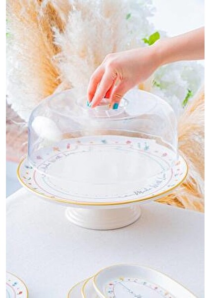 Livaldi Ayaklı Kek Fanus Seramik Yuvarlak 30 cm Renkli Desenli Şık Tasarım