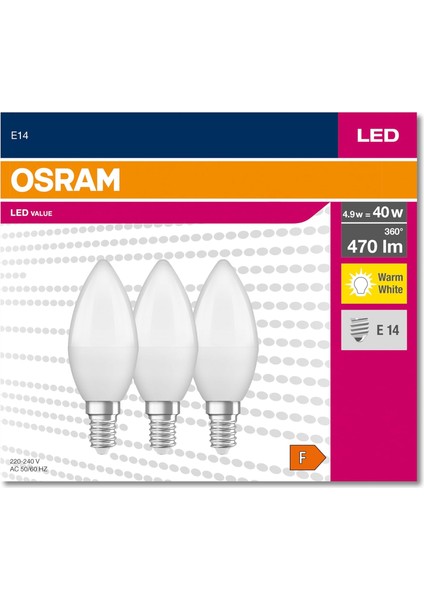 LED Klasik Mum Lamba Sarı Işık 470 Lamba E14 3'lü