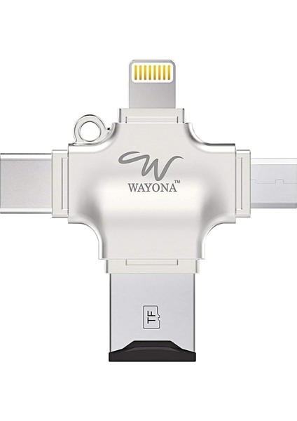 4'ü 1 Arada Otg Kart Okuyucu Dört Bağlantı Noktası: Lightning + Tip C + Micro USB + USB Kart Okuyucu, Gümüş