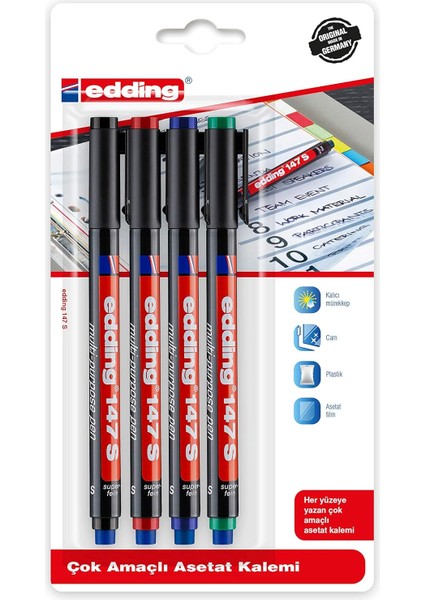 ED147B499 Silgili Asetat 0.3mm 4'lü Karışık Siyah/kırmızı/mavi/yeşil