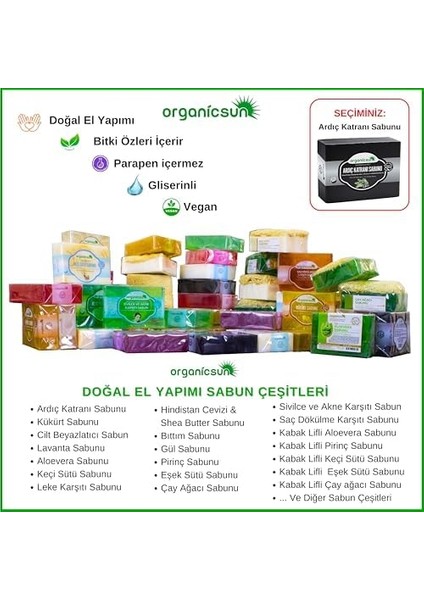 Organicsun Doğal Ardıç Katranı Sabunu 140 gr x 2 Adet Tüm Cilt Tipleri Için Antiseptik ve Yenileyici Etkili modelleri