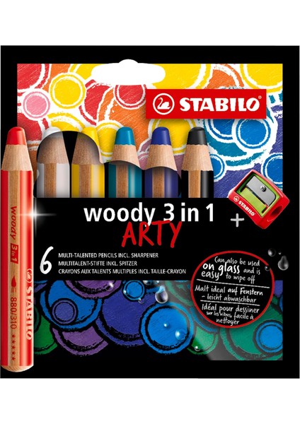 3'ü 1 Arada Arty - Renkli, Sulu ve Mum Tebeşiri - 6'lı Paket - Çeşitli Renkler ve Kalemtıraş