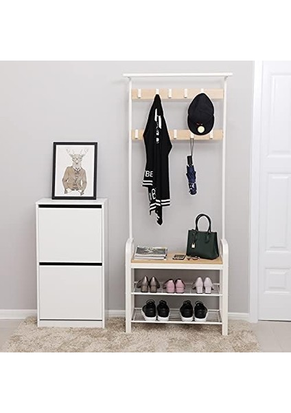 ,, 9 Kancalı Askısı, Oturaklı Ayakkabı Askısı, 3 Raf, Yükseklik 183 Cm, Metal, Krem ​​HSR40W modelleri