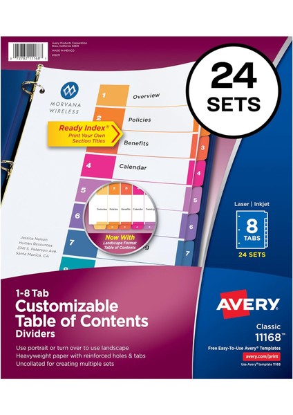 8 Sekmeli Bölücüler, 3 Halkalı Bağlayıcı Içindekiler Özelleştirilebilir Tablo, Çok Renkli Sekmeler, 24 Set (11168)