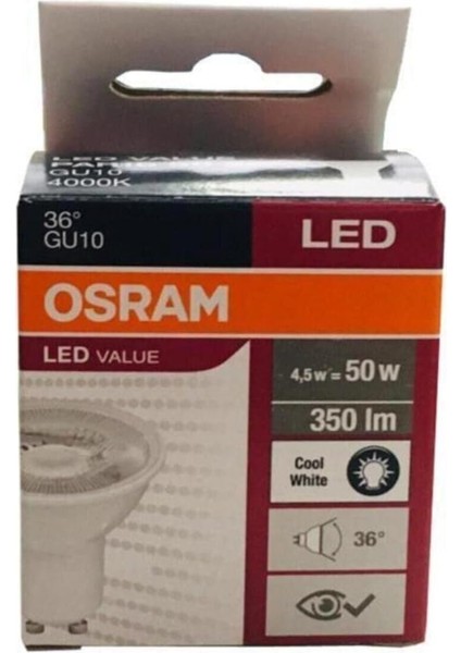 Ledvalue 4,5W (50W) LED Spot Ampul GU10 Gün Işığı 4000K