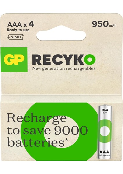Gp Batteries Recyko 950 Aaa Ince Kalem Ni-Mh Şarjlı Pil, 1.2 Volt, 4'lü Kart