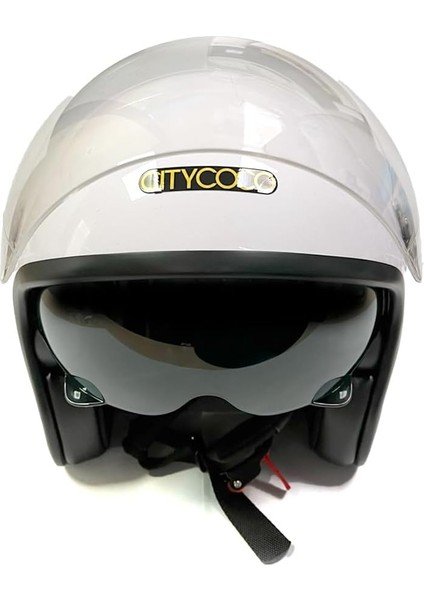 Motosiklet Yarım Kask, Parlak Beyaz, Çift Vizörlü, Stil, Terletme Yapmaz Pedler