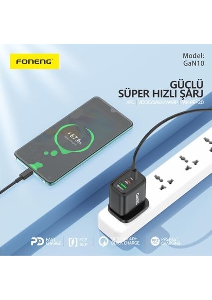 GAN10 Gan 65W 2xtype-C 1xusb 3 Girişli Hızlı Şarj - Siyah fiyatları