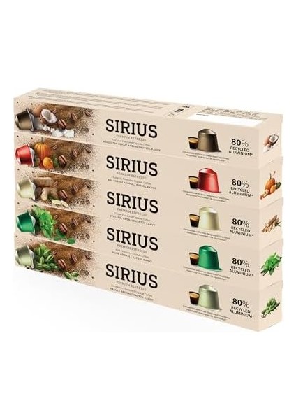 Sirius Premium Aromalı Kapsül Kahve 5'li Set (Kakule-Nane-Zencefil-Bal Kabağı-Hindistan Cevizi)