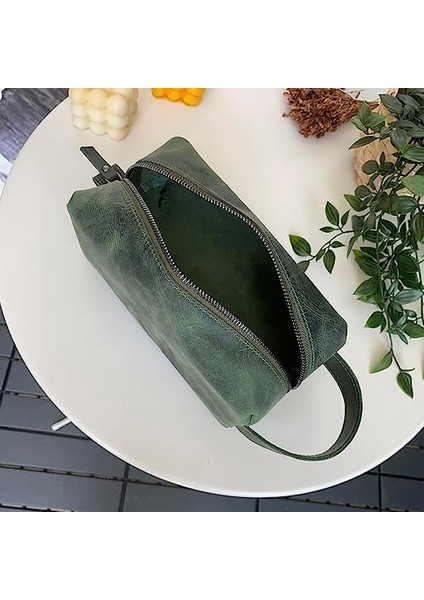 Modica® Partenon - Gerçek Deri Fermuarlı El Çantası - Tıraş Takımı Dopp Kiti- Seyahat Makyaj Çantası (Yeşil)