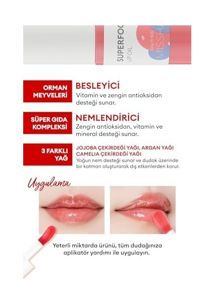 Mıssha Dudakları Nemlendiren ve Besleyen Orman Meyveli Dudak Bakım Yağı Super Food Lip Oil Berry modelleri