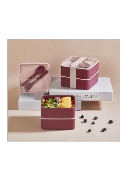 Store Beslenme Kutusu Yemek Kutusu 2 Kat Kaşık ve Çatal Dahil Plastik Sefer Tası modelleri