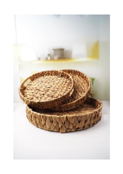 3'lü El Yapımı ve Yuvarlak Hasır Tepsi Seti, 3'lü Hasır Yuvarlak Tepsi Seti, 3 Boy Hasır Tepsi (38 * 6cm-34 * 5cm-30 * 24 * 4,5cm) modelleri