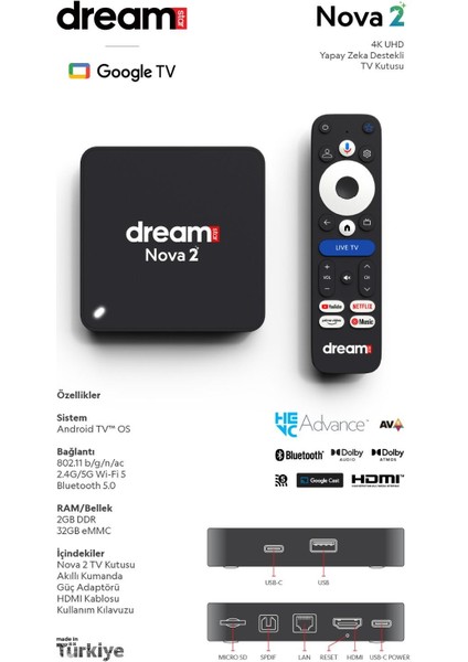 Nova 2 | Yapay Zeka | Android 14 | 4K Lisansli Android TV Box | 32GB Hafıza ( 12 Ay TV+ hediye YOKTUR)