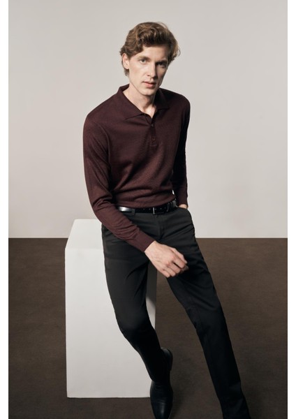 Bordo Polo Yaka Cepsiz Comfort Fit Classic Pamuklu Triko Kazak 1012255007