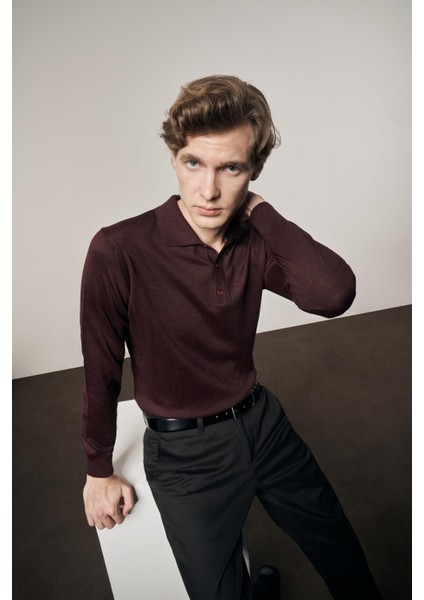 Bordo Polo Yaka Cepsiz Comfort Fit Classic Pamuklu Triko Kazak 1012255007
