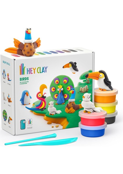 Clay Kuşlar Seti - Çocuklar Için Hava ile Kuruyan Renkli ve Şekil Alan Kil - Hava ile Kuruyan 15 Kutu Kil Seti ve Şekillendirme Aletleri ile ve Etkileşimli Talimatlar Uygulaması