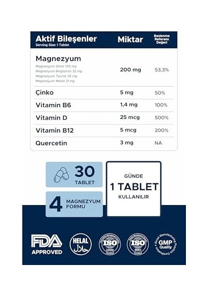 Tennen Nutrition Magnesium Complex - 200 Mg Magnezyum Sitrat, Biglisinat, Taurat, Malat - Vitamin D, B6, B12, Çinko Içerir (30 Tablet)