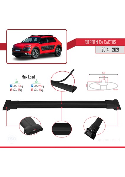 Citroen C4 Cactus 2014-2021 Arası ile Uyumlu FLY Model Ara Atkı Tavan Barı Siyah 2 Adet