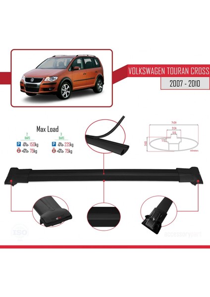 Volkswagen Touran Cross Pre-Facelift 2007-2010 Arası ile Uyumlu FLY Model Ara Atkı Tavan Barı Siyah 2 Adet