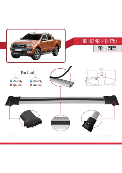Ford Ranger (P375) 2011-2022 Arası ile Uyumlu FLY Model Ara Atkı Tavan Barı Gri 2 Adet
