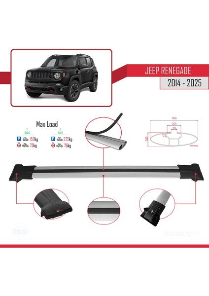 Jeep Renegade (BU) 2014 ve Sonrası ile Uyumlu FLY Model Ara Atkı Tavan Barı Gri 2 Adet