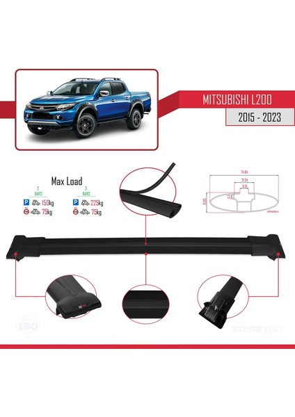 Mitsubishi L200 V 2015-2023 Arası ile Uyumlu FLY Model Ara Atkı Tavan Barı Siyah 2 Adet