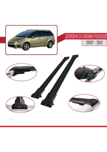 Citroen Grand C4 Picasso 2007-2012 Arası ile Uyumlu FLY Model Ara Atkı Tavan Barı Siyah 2 Adet