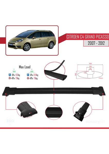 Citroen Grand C4 Picasso 2007-2012 Arası ile Uyumlu FLY Model Ara Atkı Tavan Barı Siyah 2 Adet