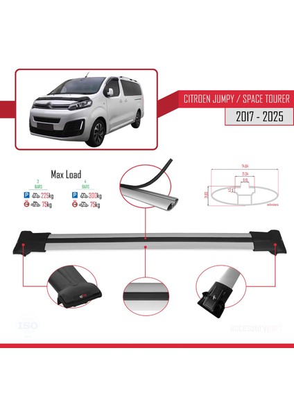 Citroen Jumpy 3 (K0) Space Tourer 2017 ve Sonrası ile Uyumlu FLY Model Ara Atkı Tavan Barı Gri 3 Adet