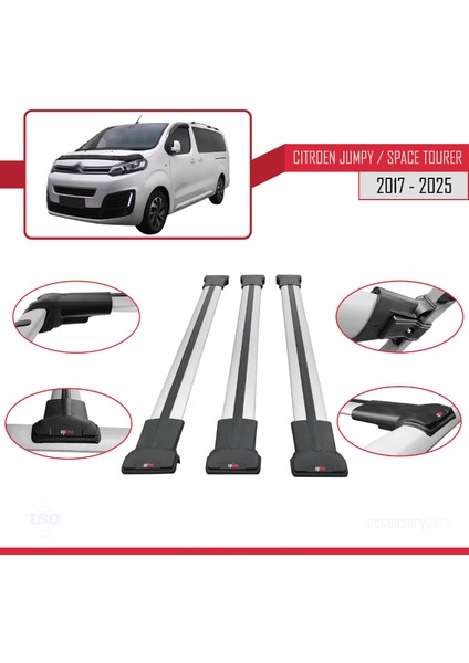 Citroen Jumpy 3 (K0) Space Tourer 2017 ve Sonrası ile Uyumlu FLY Model Ara Atkı Tavan Barı Gri 3 Adet