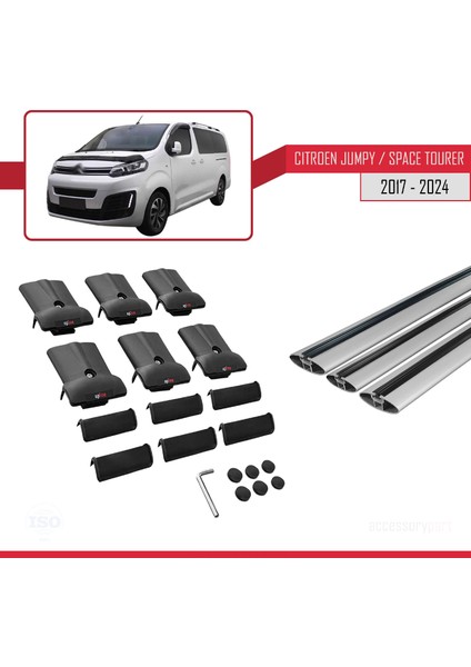 Citroen Jumpy 3 (K0) Space Tourer 2017 ve Sonrası ile Uyumlu FLY Model Ara Atkı Tavan Barı Gri 3 Adet
