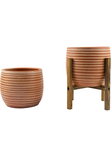Tasarımı Ev Dekorasyon Yan Çizgi Desenli Terrakota Toprak Saksı Saksılık Salon Çiçeklik Ikili Set Ayaksız - 4 Ayaklı- 15 cm