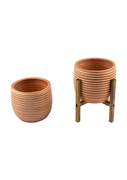 Tasarımı Ev Dekorasyon Yan Çizgi Desenli Terrakota Toprak Saksı Saksılık Salon Çiçeklik Ikili Set Ayaksız - 4 Ayaklı- 15 cm fiyatları