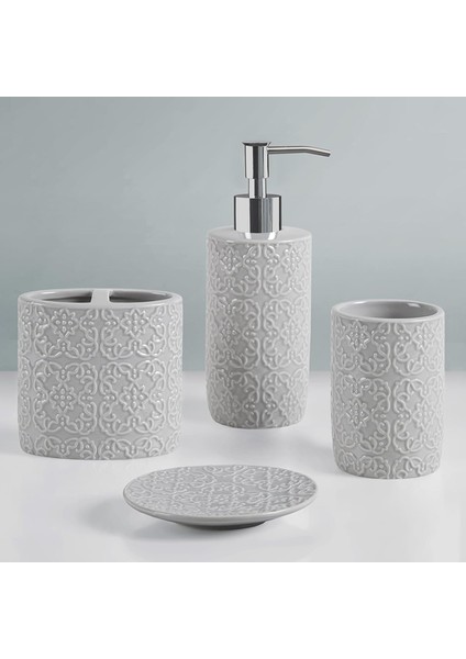 Stewart Seramik Aksesuar Seti, Makyaj Dekoru Depolama Düzenleyici, Kabartmalı Damask Madalyonu, Losyon/sabunluk, Diş Fırçası Tutacağı,, Biblo Tabağı, Çeşitli Boyutlarda Gri