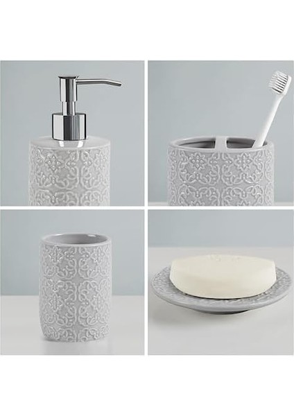 Stewart Seramik Aksesuar Seti, Makyaj Dekoru Depolama Düzenleyici, Kabartmalı Damask Madalyonu, Losyon/sabunluk, Diş Fırçası Tutacağı,, Biblo Tabağı, Çeşitli Boyutlarda Gri modelleri
