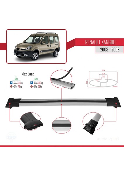 Renault Kangoo (X76) Post-Facelift 2003-2008 Arası ile Uyumlu FLY Model Ara Atkı Tavan Barı Gri 3 Adet