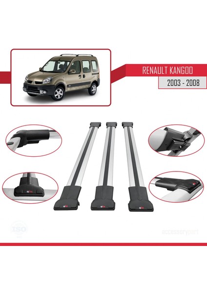 Renault Kangoo (X76) Post-Facelift 2003-2008 Arası ile Uyumlu FLY Model Ara Atkı Tavan Barı Gri 3 Adet