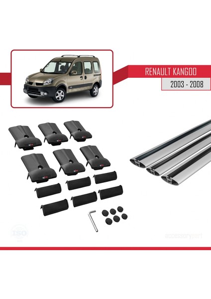 Renault Kangoo (X76) Post-Facelift 2003-2008 Arası ile Uyumlu FLY Model Ara Atkı Tavan Barı Gri 3 Adet