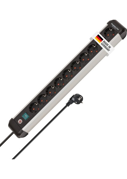 Premium-Alu- Çoklu Priz, 10 Bölmeli, Yüksek Kaliteli (Anahtarlı ve 3 M Kablolu Çoklu Priz, Almanya'da Üretilmiştir)