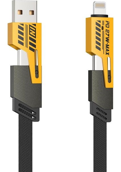 4’ü 1 Arada Hızlı Şarj Kablosu 100W – Type-C, Usb-A, Lightning, Çoklu Dönüştürücü Kablo | Pd 27W / Qc 4.0 Uyumlu, Naylon Örgü, Dolaşmaz Tasarım (Sarı/siyah)