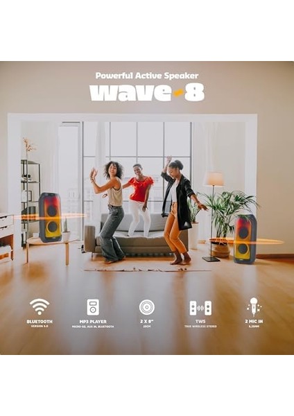 Wave8 8 Inç (20,3 Cm) Çift Woofer’lı Hoparlör, 600W, Bluetooth, Usb/microsd, Wave LED Efekti, Tws Kablosuz Bağlantı, Siyah fiyatları
