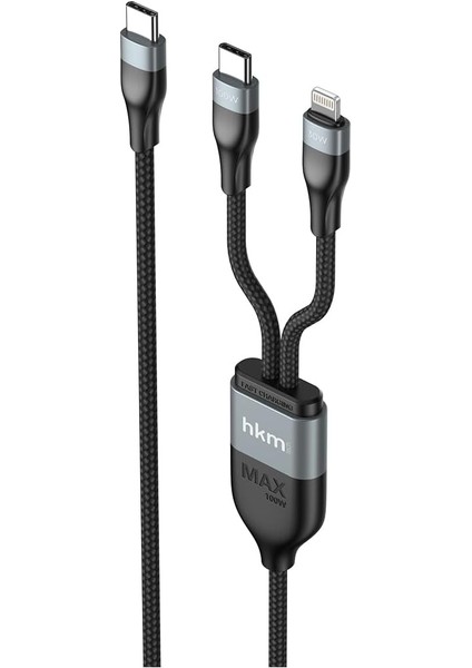 Hkm Tech Duo Power 100W Çift Uçlu, Type-C To Lightning + Type-C Şarj Kablosu, Örgü Tasarım, 1.2 Metre, Siyah