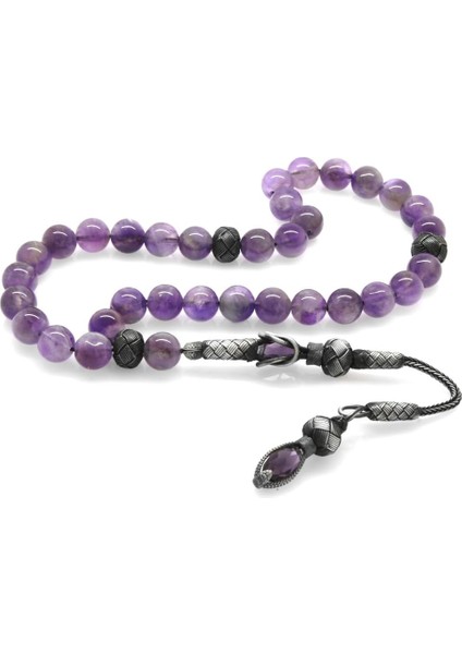 (Tesbihane) 1000 Ayar Gümüş Kazaz Püsküllü Küre Kesim Ametist Doğaltaş Tesbih