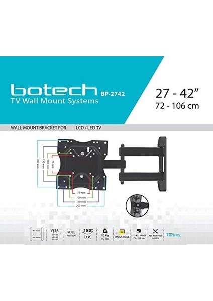 Botech BP2742 BP-2742 Tv Hareketli Askı Aparatı, Siyah fiyatları